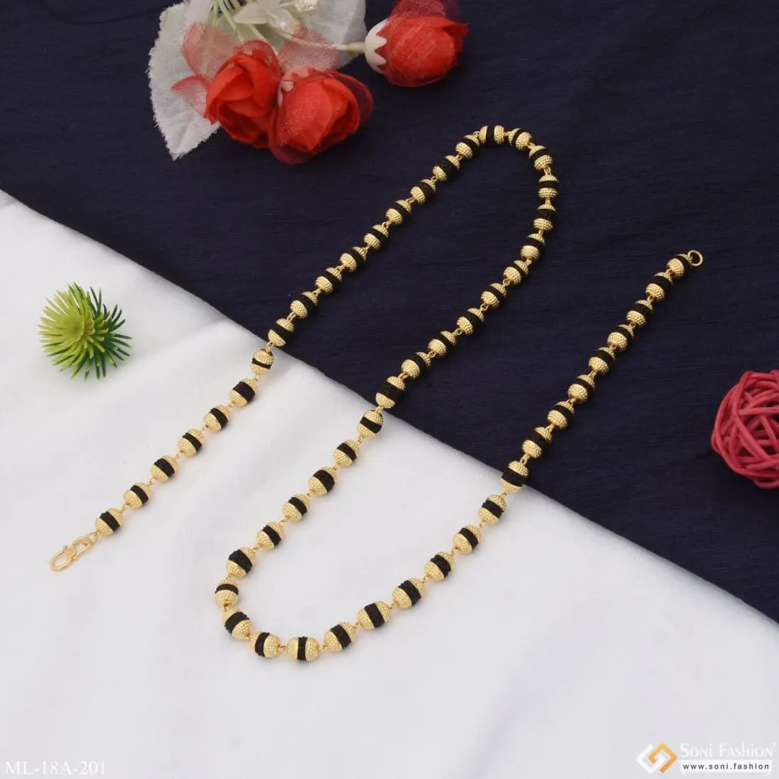 1 Gram Gold Formig Black Artisanal Design Rudraksha Mala For Men - Style A201