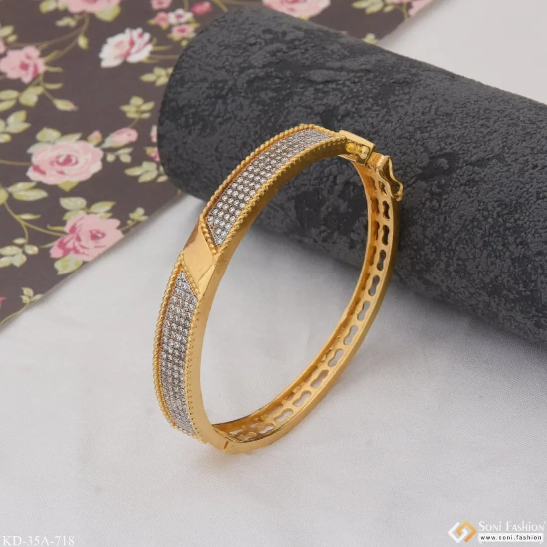 1 Gram Gold Forming Artisanal Design With Diamond Gold Plated Kada - Style A718