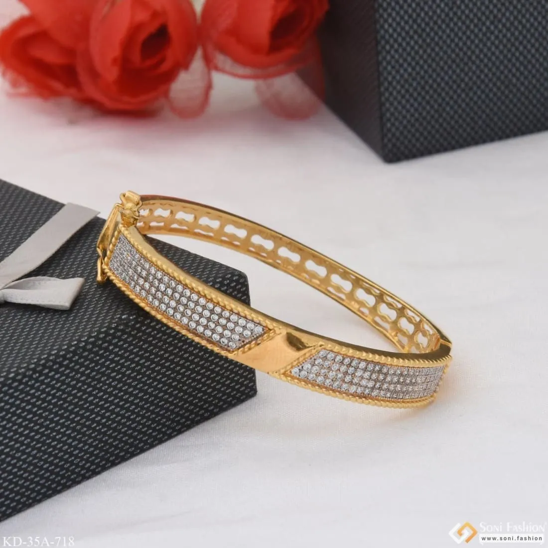 1 Gram Gold Forming Artisanal Design With Diamond Gold Plated Kada - Style A718