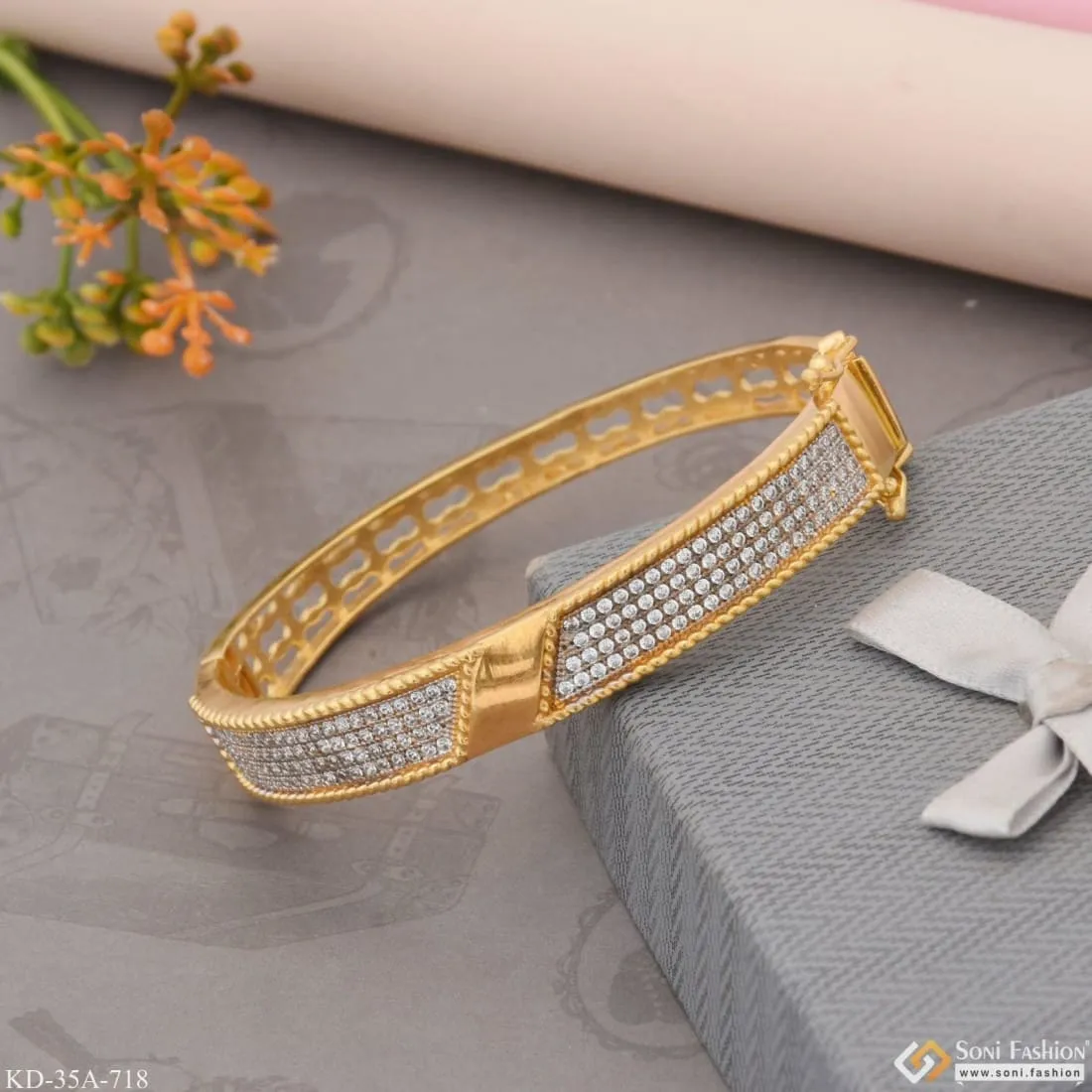 1 Gram Gold Forming Artisanal Design With Diamond Gold Plated Kada - Style A718