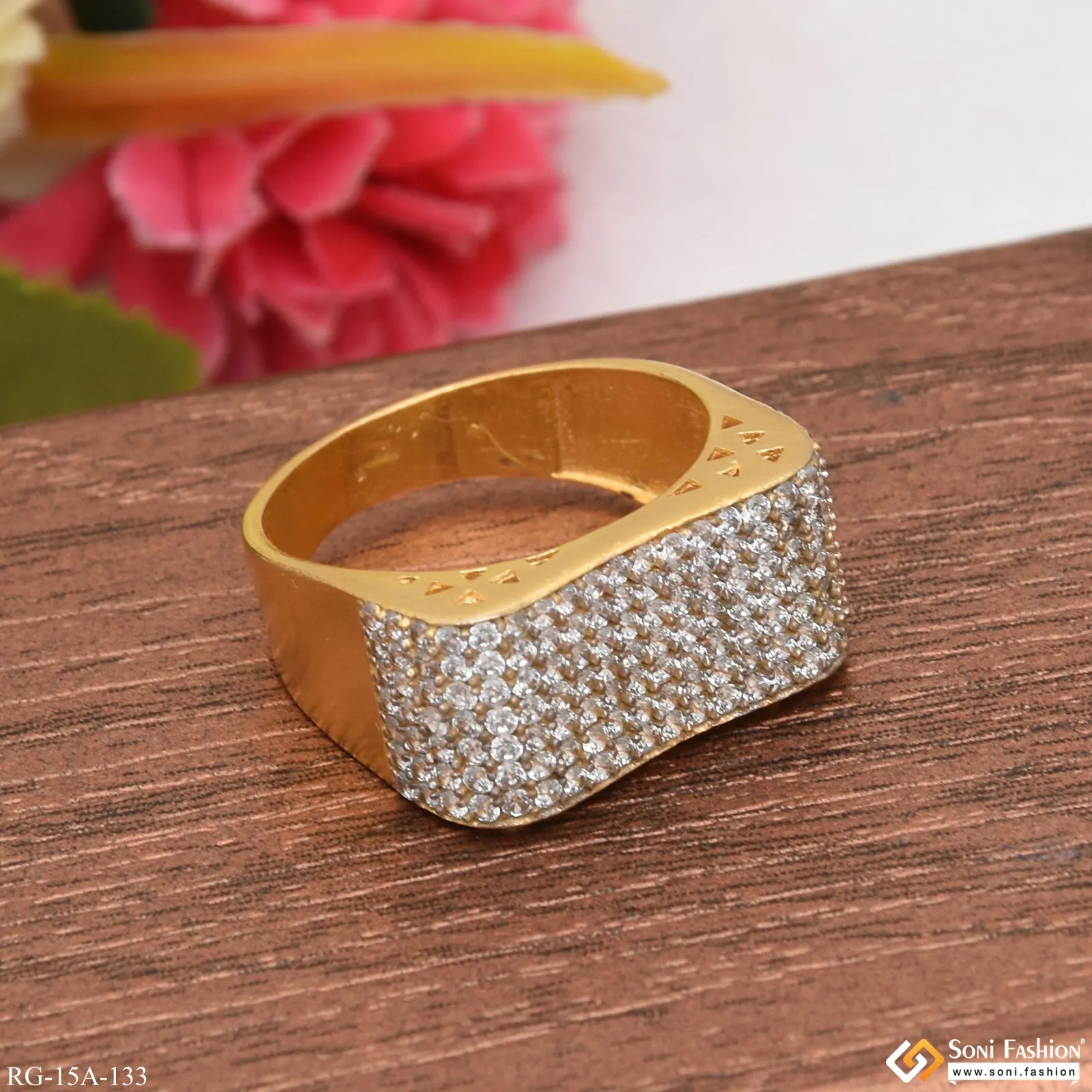 1 Gram Gold Forming Artisanal Design With Diamond Gold Plated Ring - Style A133