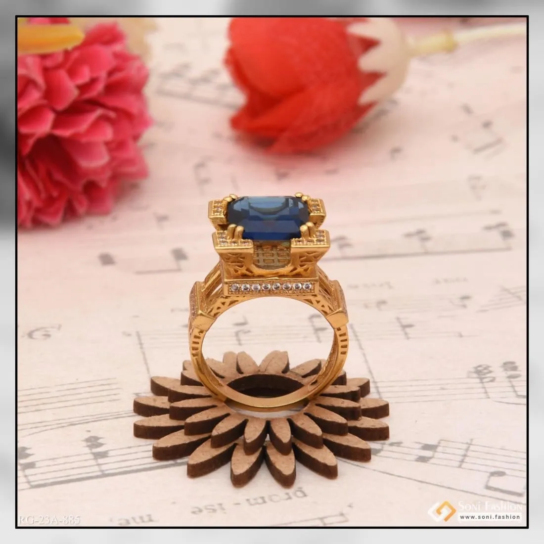 1 Gram Gold Forming Blue Stone with Diamond Artisanal Design Ring - Style A885