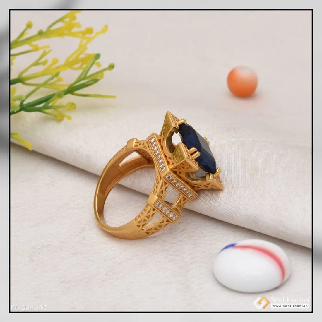 1 Gram Gold Forming Blue Stone with Diamond Artisanal Design Ring - Style A885