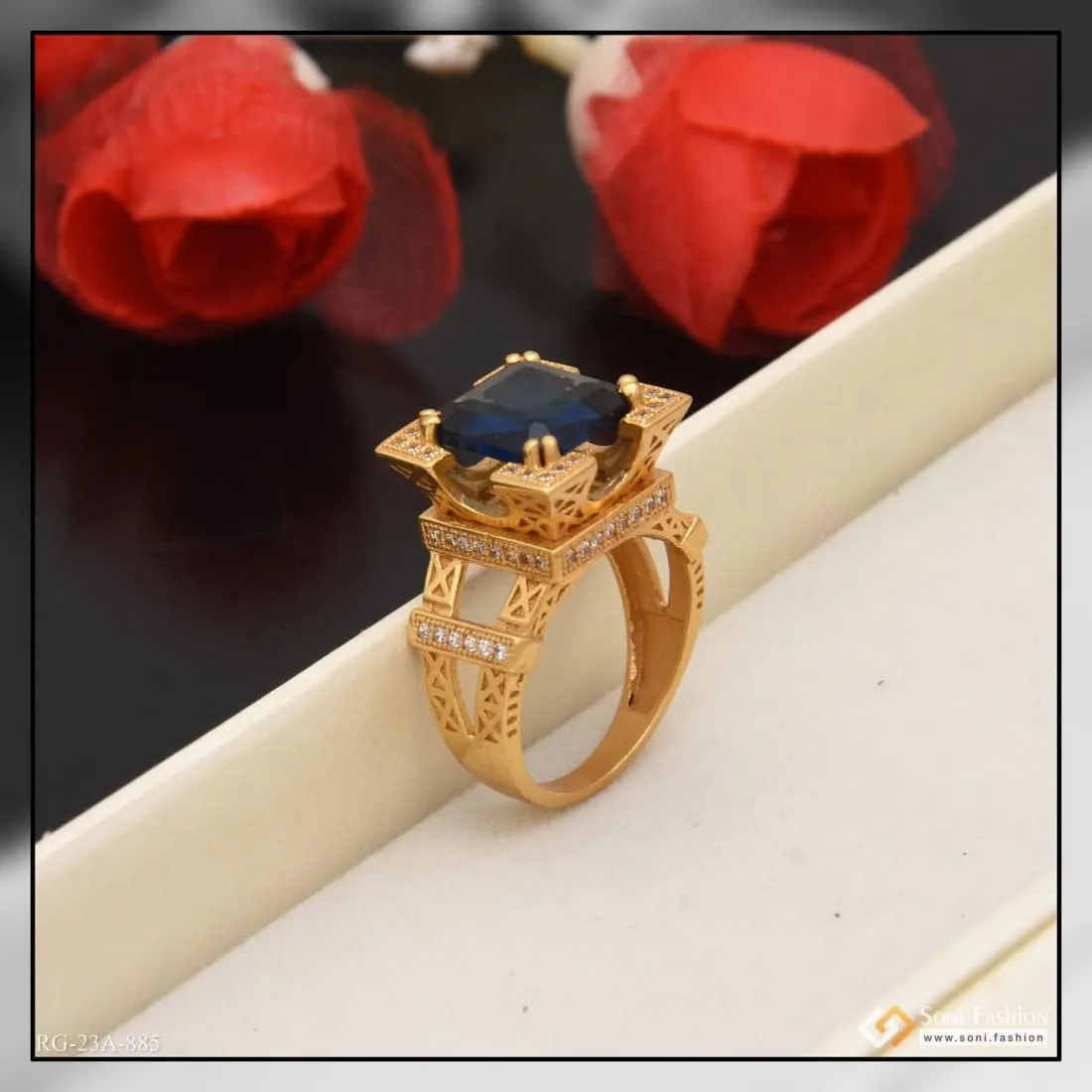 1 Gram Gold Forming Blue Stone with Diamond Artisanal Design Ring - Style A885