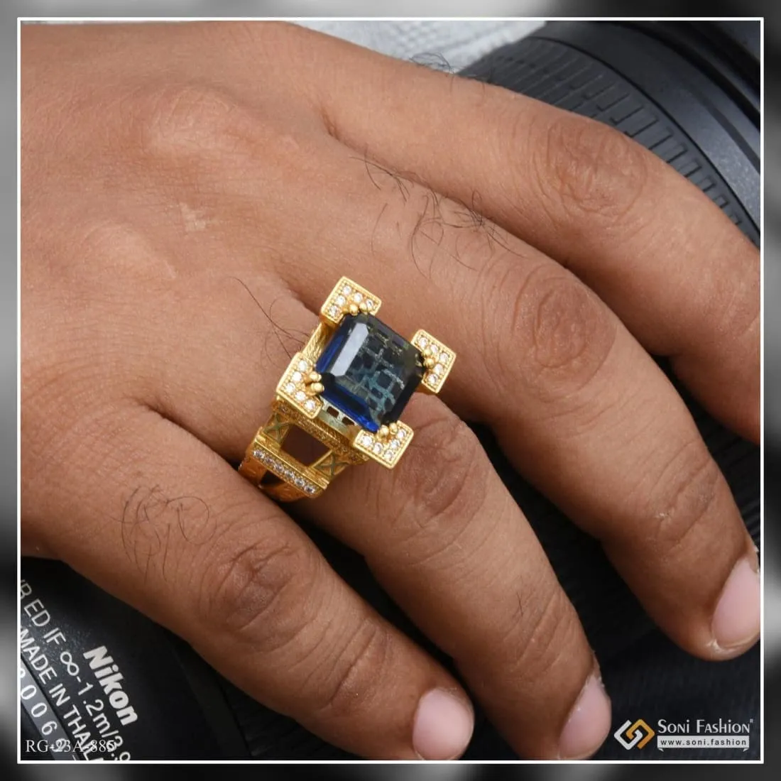 1 Gram Gold Forming Blue Stone with Diamond Artisanal Design Ring - Style A885