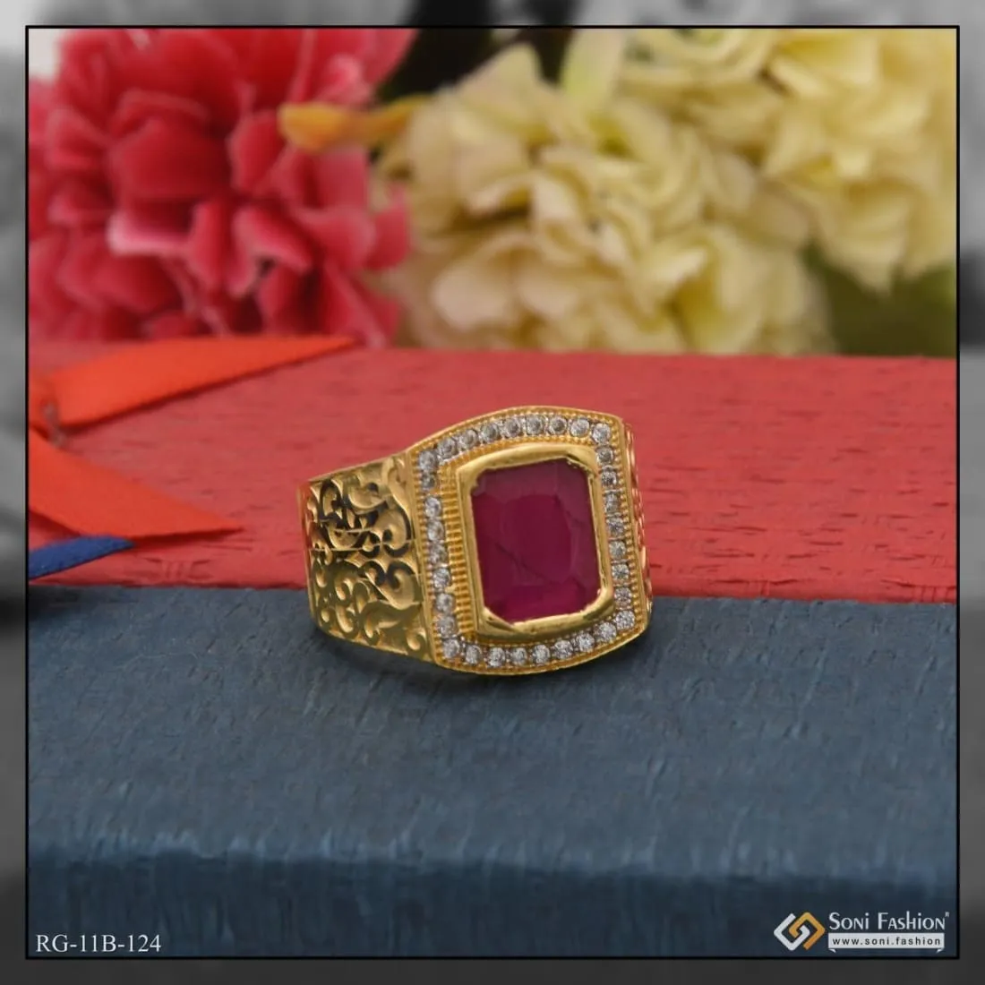 1 Gram Gold Forming Pink Stone with Diamond Artisanal Design Ring - Style B124