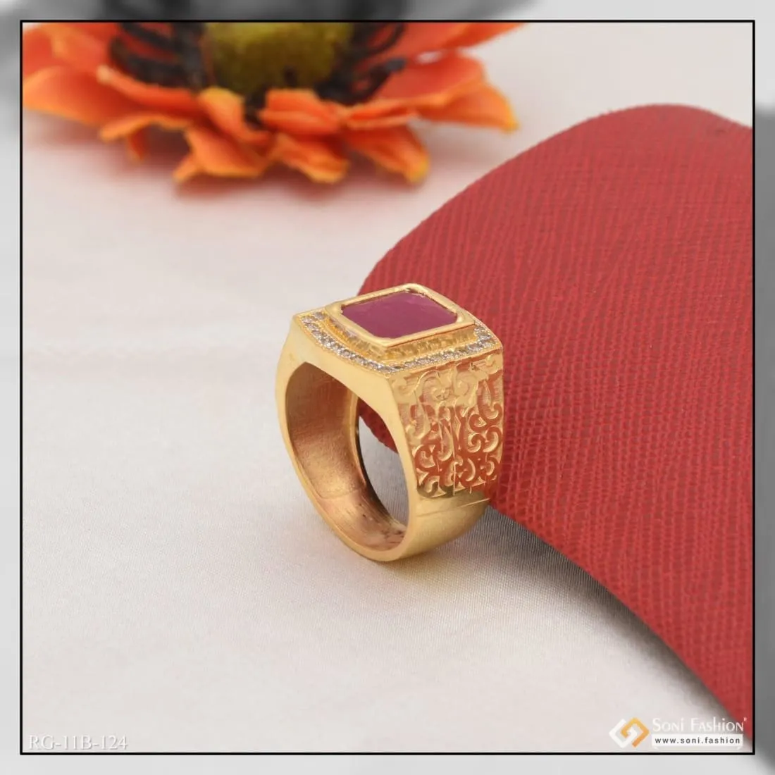 1 Gram Gold Forming Pink Stone with Diamond Artisanal Design Ring - Style B124