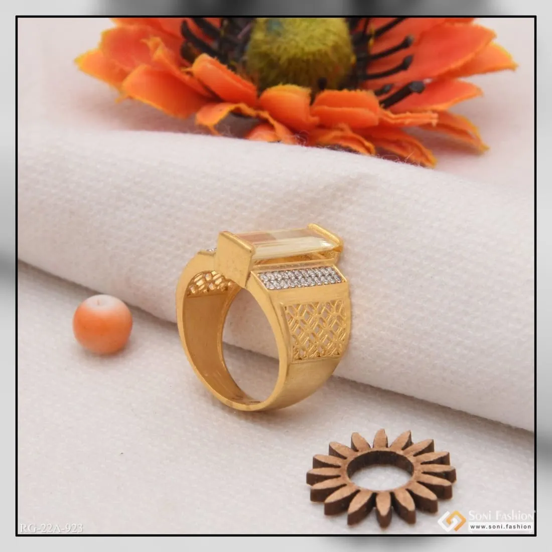 1 Gram Gold Forming Yellow Stone With Diamond Artisanal Design Ring - Style A923