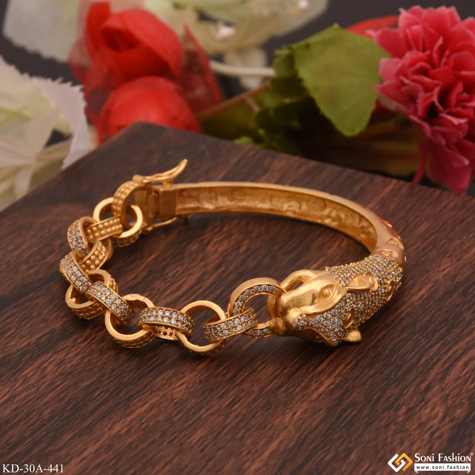 1 Gram Gold - Jaguar with Diamond Artisanal Design Gold Plated Bracelet Kada - Style A441