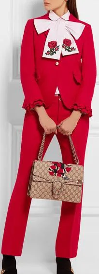 3 Pc Set Includes: Red Ruffle Single Breasted Jacket, Matching Red Dress Pants & Embroidered Pink Oxford Shirt with Bow