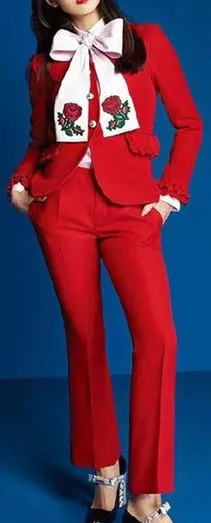 3 Pc Set Includes: Red Ruffle Single Breasted Jacket, Matching Red Dress Pants & Embroidered Pink Oxford Shirt with Bow