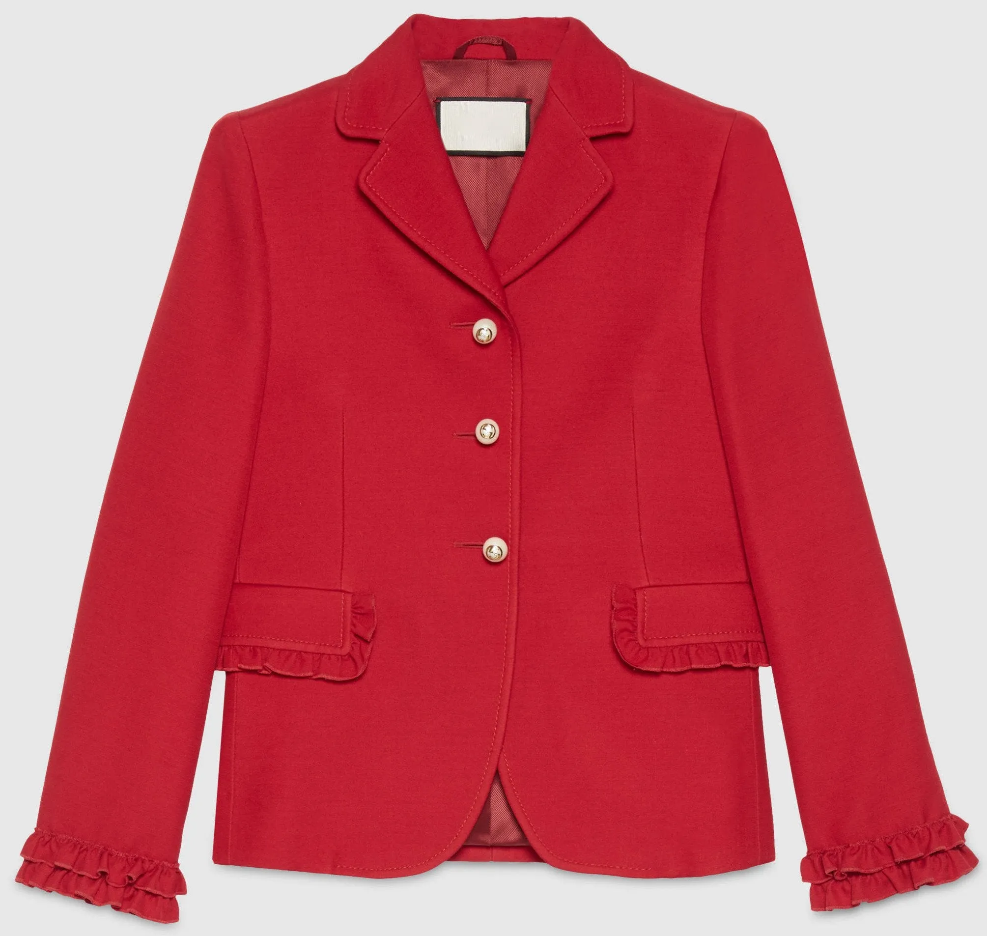 3 Pc Set Includes: Red Ruffle Single Breasted Jacket, Matching Red Dress Pants & Embroidered Pink Oxford Shirt with Bow