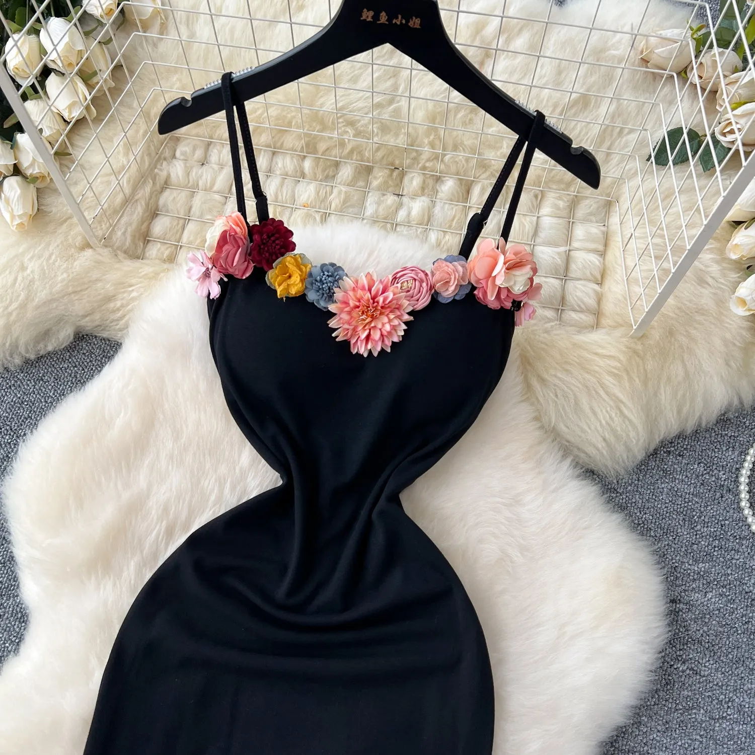 3d Colorful Flower Black Slip Dress