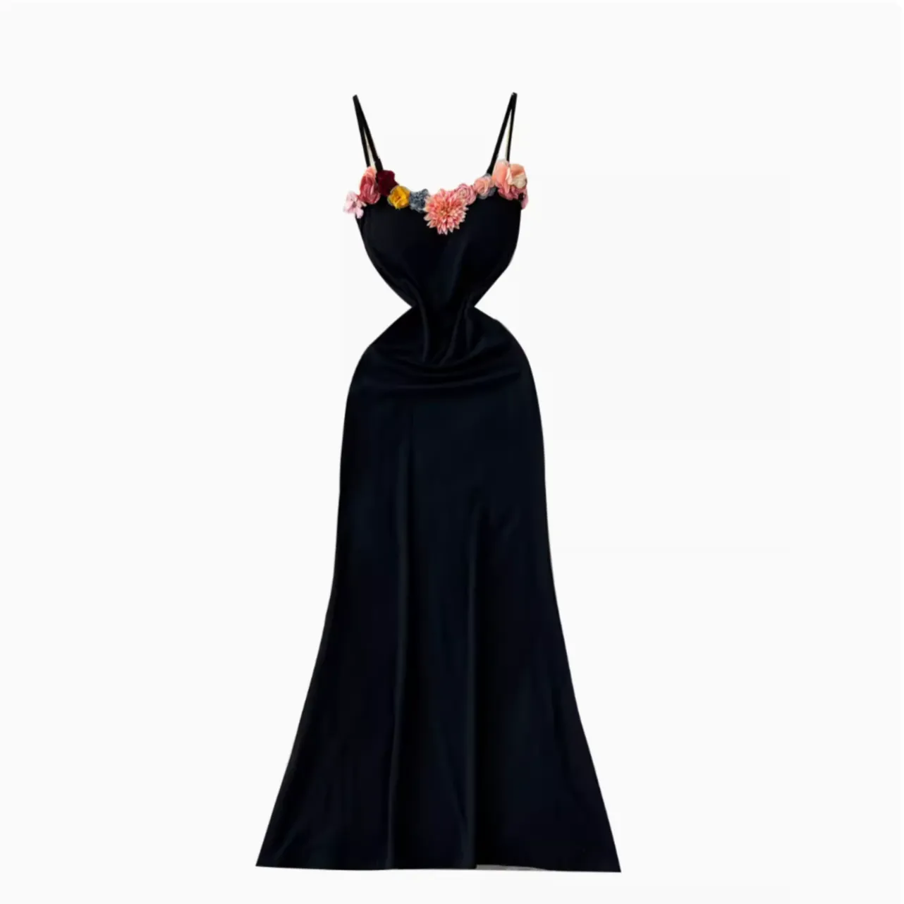 3d Colorful Flower Black Slip Dress