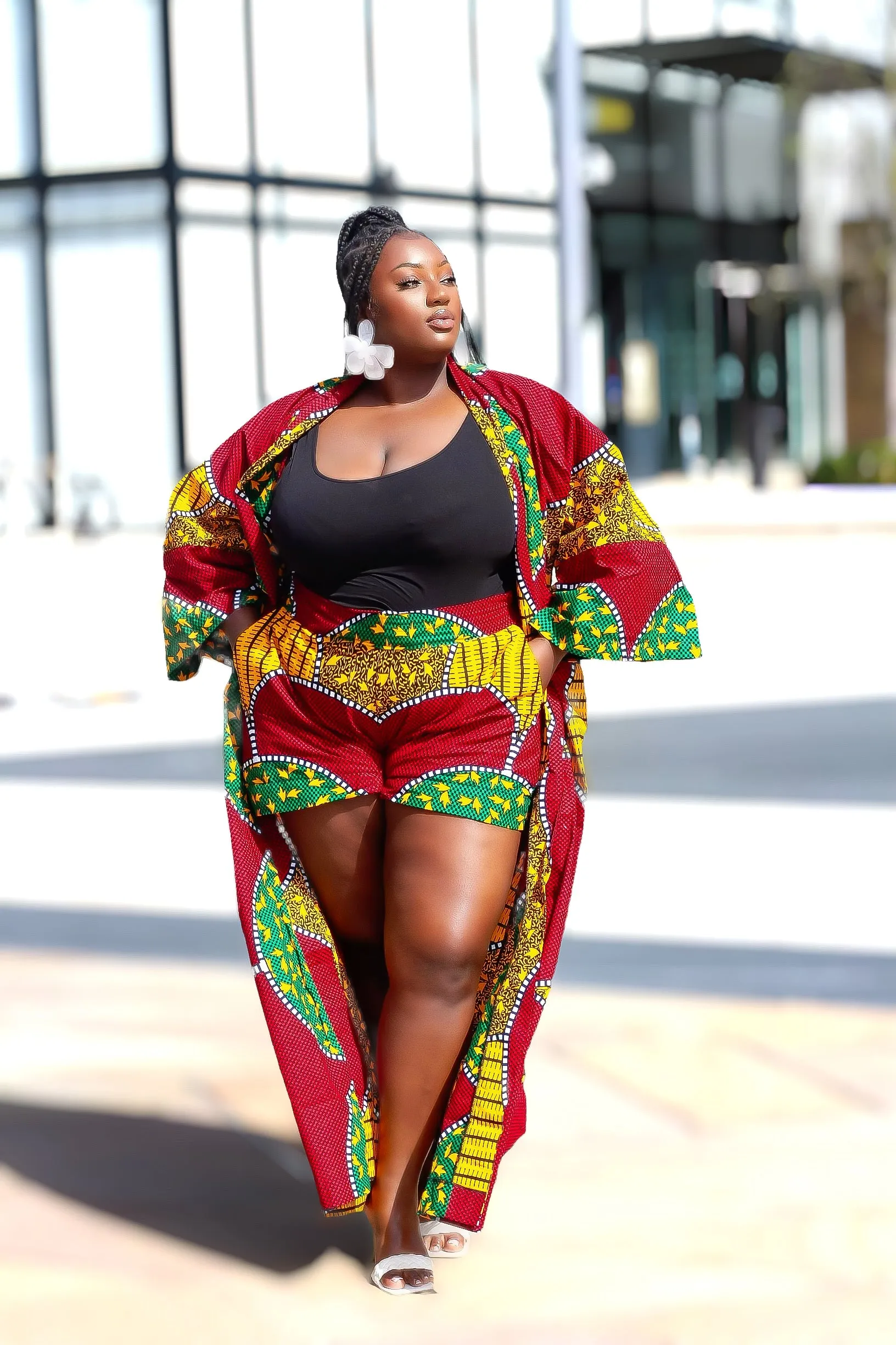 3pcs African Print Long Kimono Jacket, Shorts and Headwrap Set- Remike