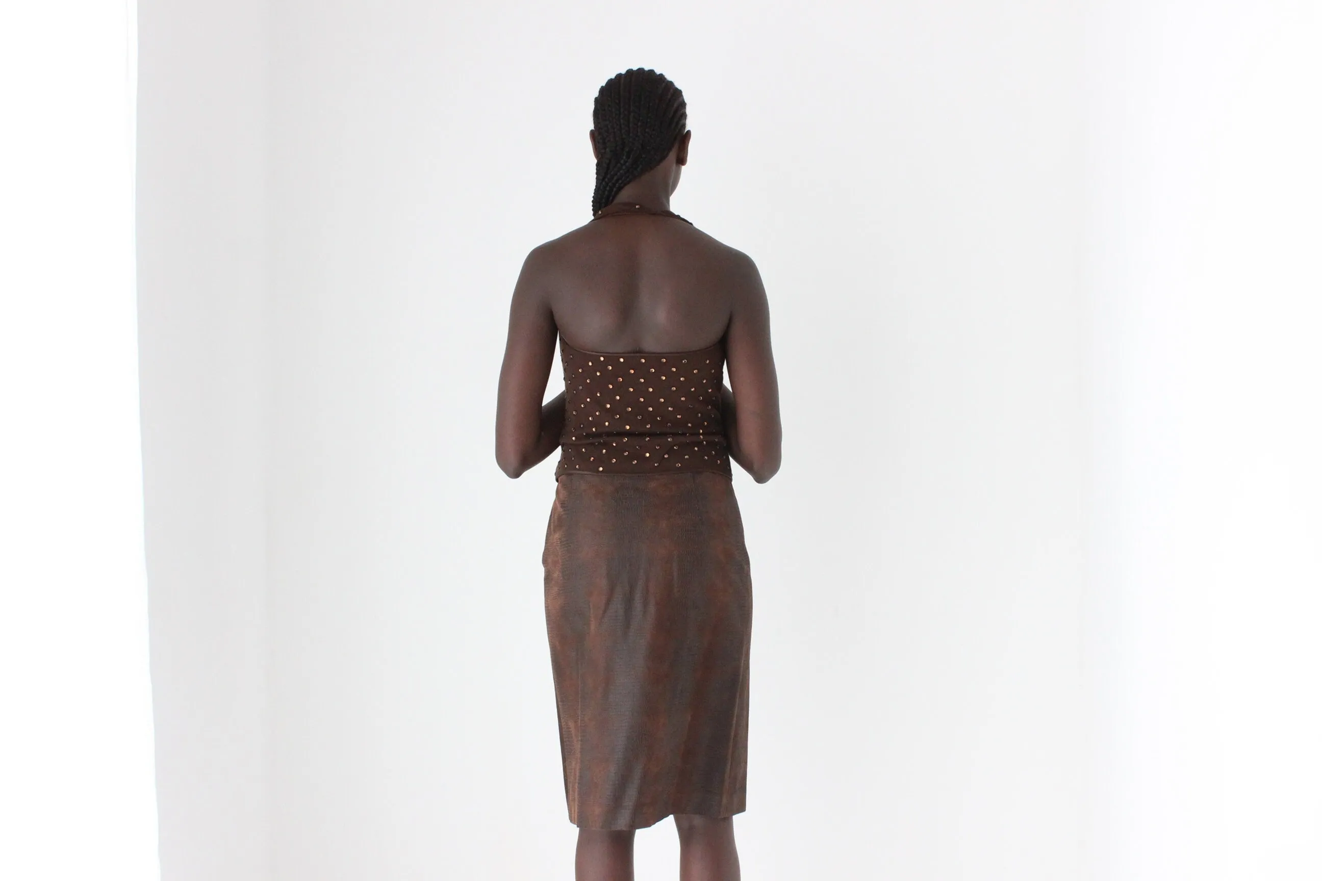 90s Chocolate Lizard Look Knee Length Skirt