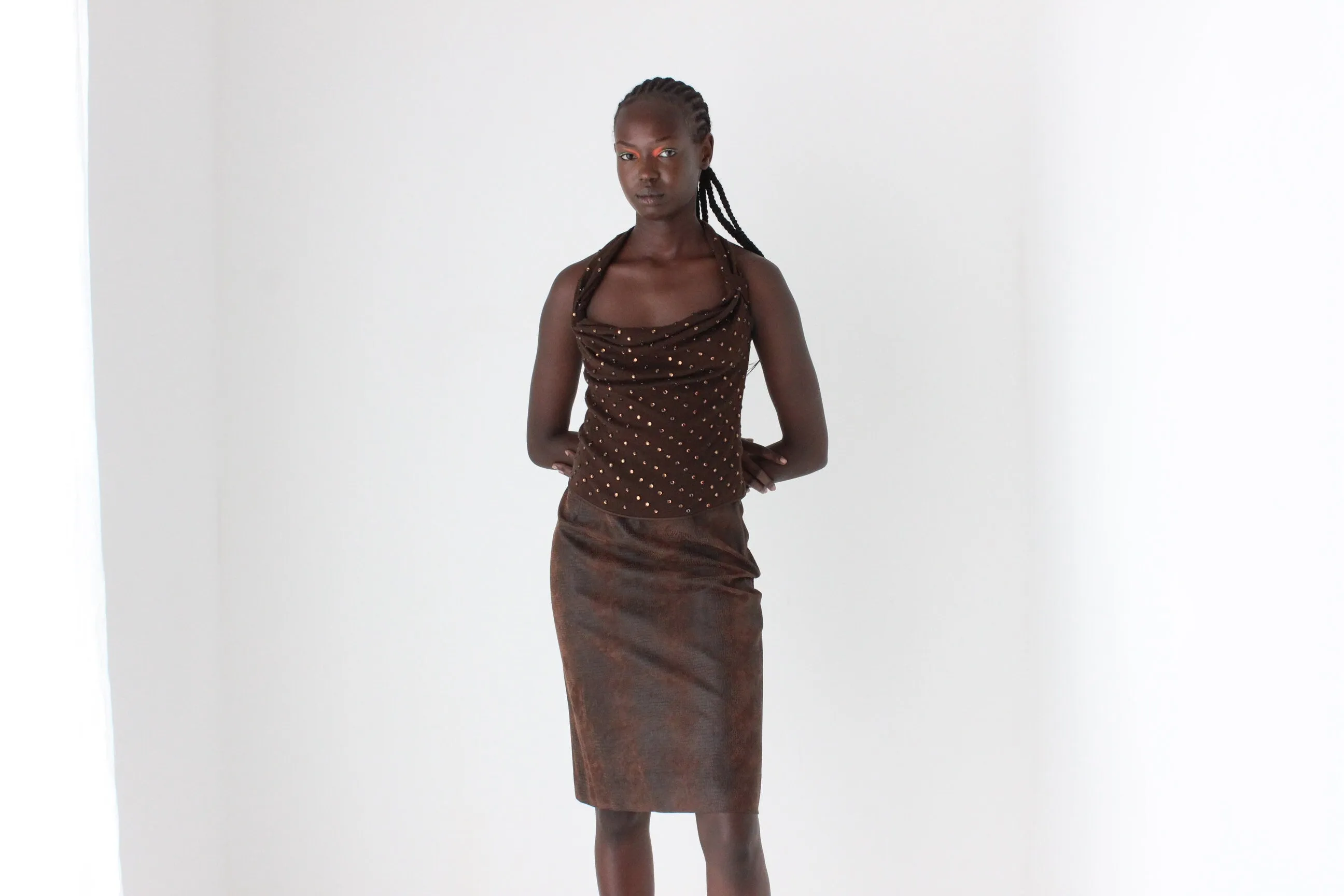 90s Chocolate Lizard Look Knee Length Skirt