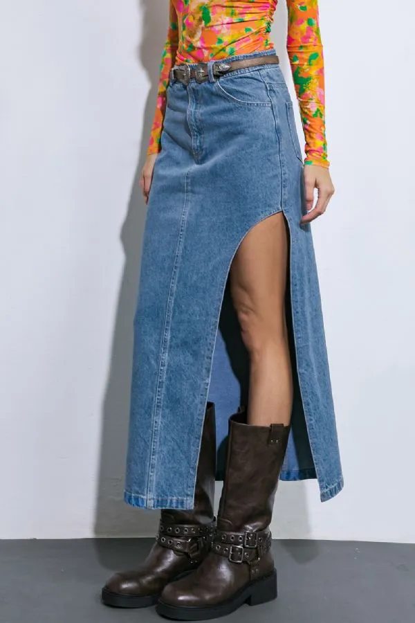 A Washed Denim Midi Skirt - IK7564