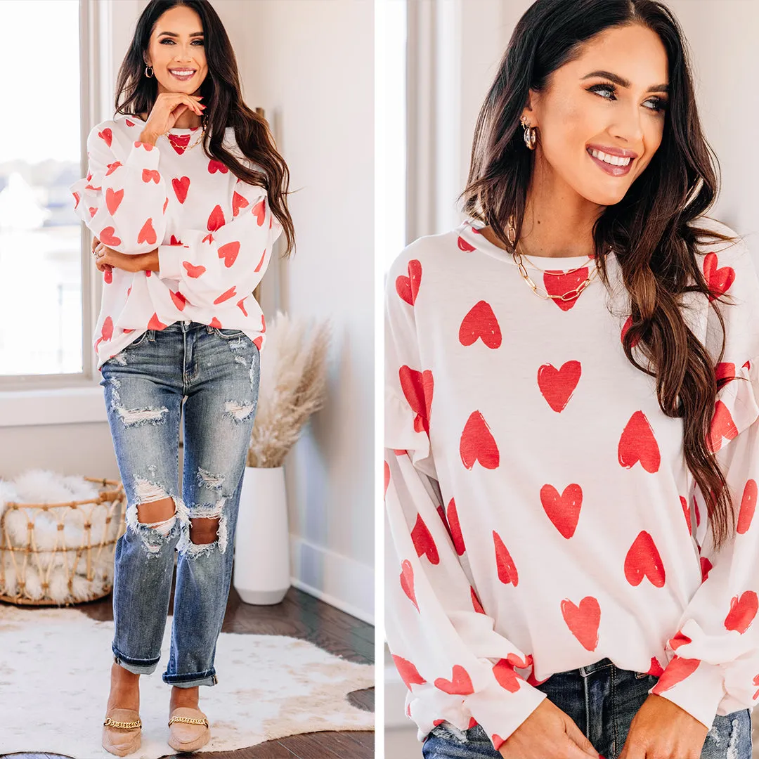 Adorable Destinations White Heart Print Ruffled Pullover