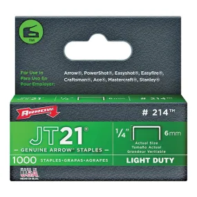 Arrow JT21 Series 214 Flat Crown Staple, 1/4 in W Crown, 1/4 in L Leg, 0.03 ga Gauge