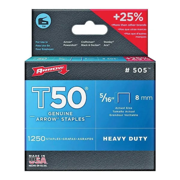 Arrow T50 Series 50524 Flat Crown Staple, 3/8 in W Crown, 5/16 in L Leg