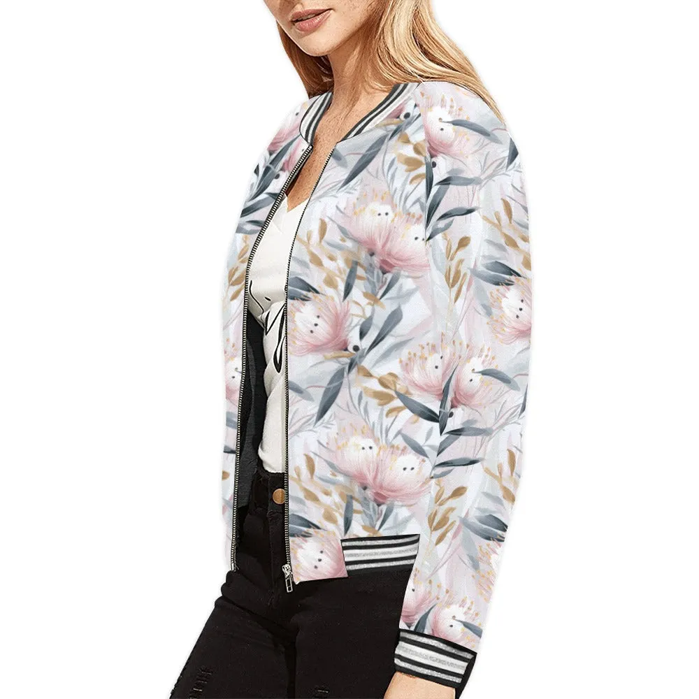 Australian Floral Pink & Grey Bomber Jacket for Women