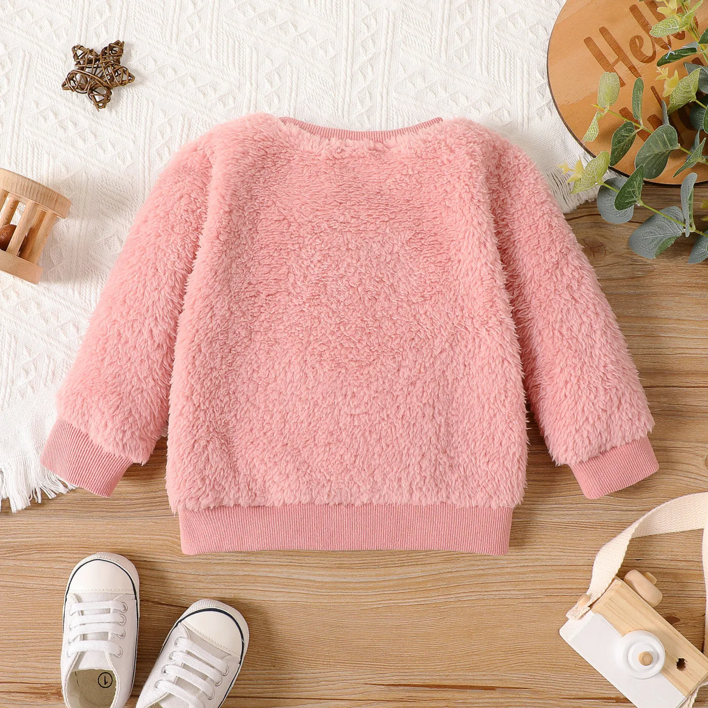 Baby Girl Cotton Long-sleeve Solid Fluffy Fleece Pullover