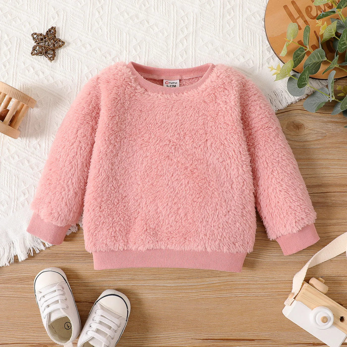 Baby Girl Cotton Long-sleeve Solid Fluffy Fleece Pullover