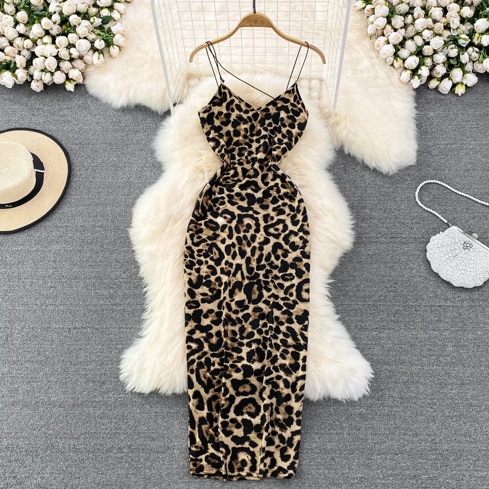 Backless Leopard Print Slip Dress