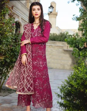 Beautiful embroidered Indian linen dress in pink maroon color # P2408