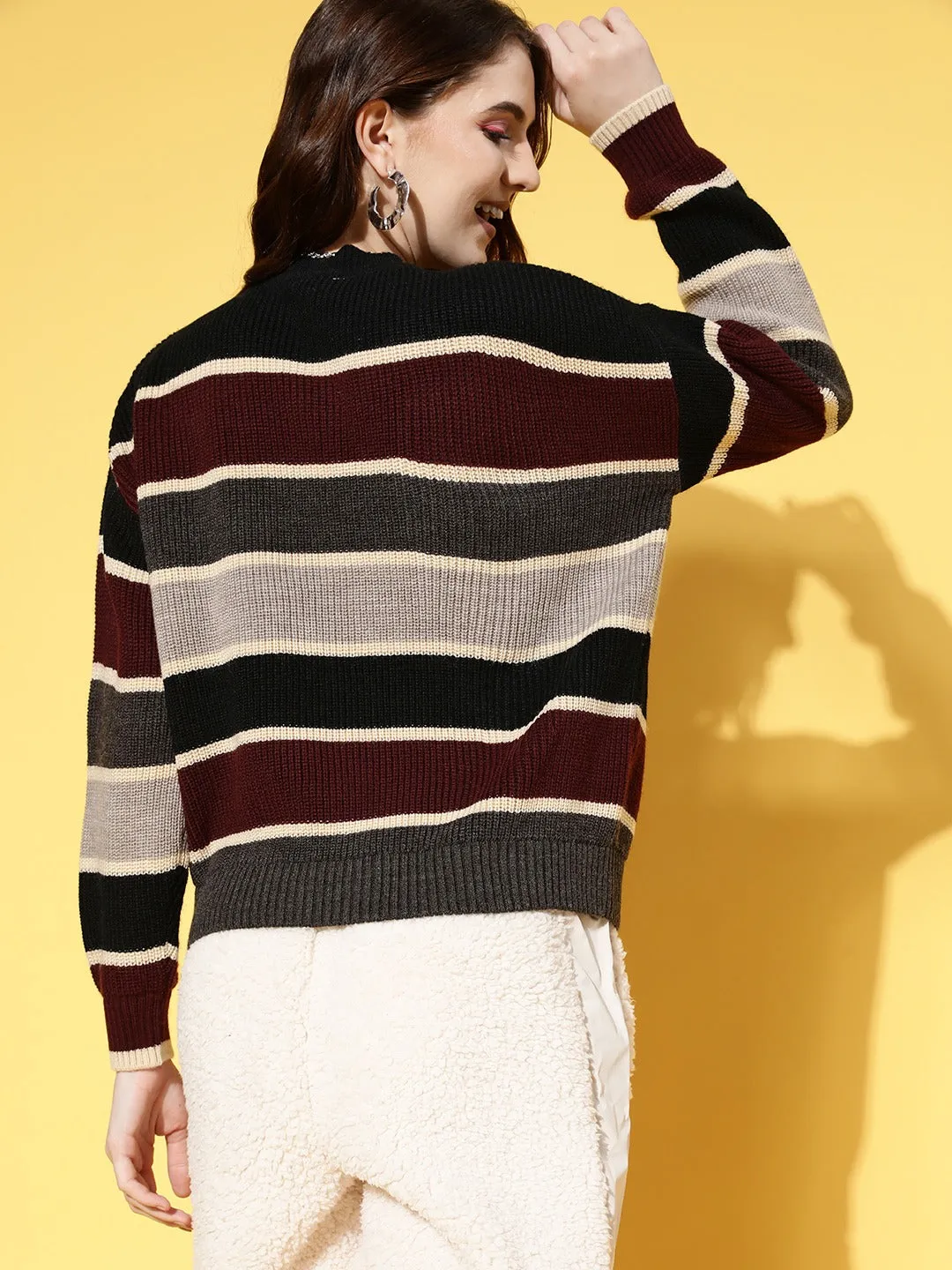 Berrylush Women Black & Maroon Striped Pattern Round Neck Acrylic Ribbed Hem Pullover