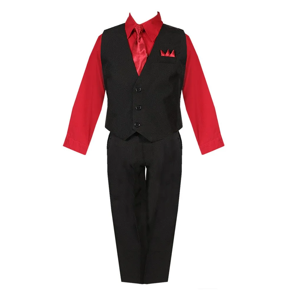 Big Boys Black Red Shirt Vest Pants Neck Tie Pocket Hanky 5 pcs Suit 8-20