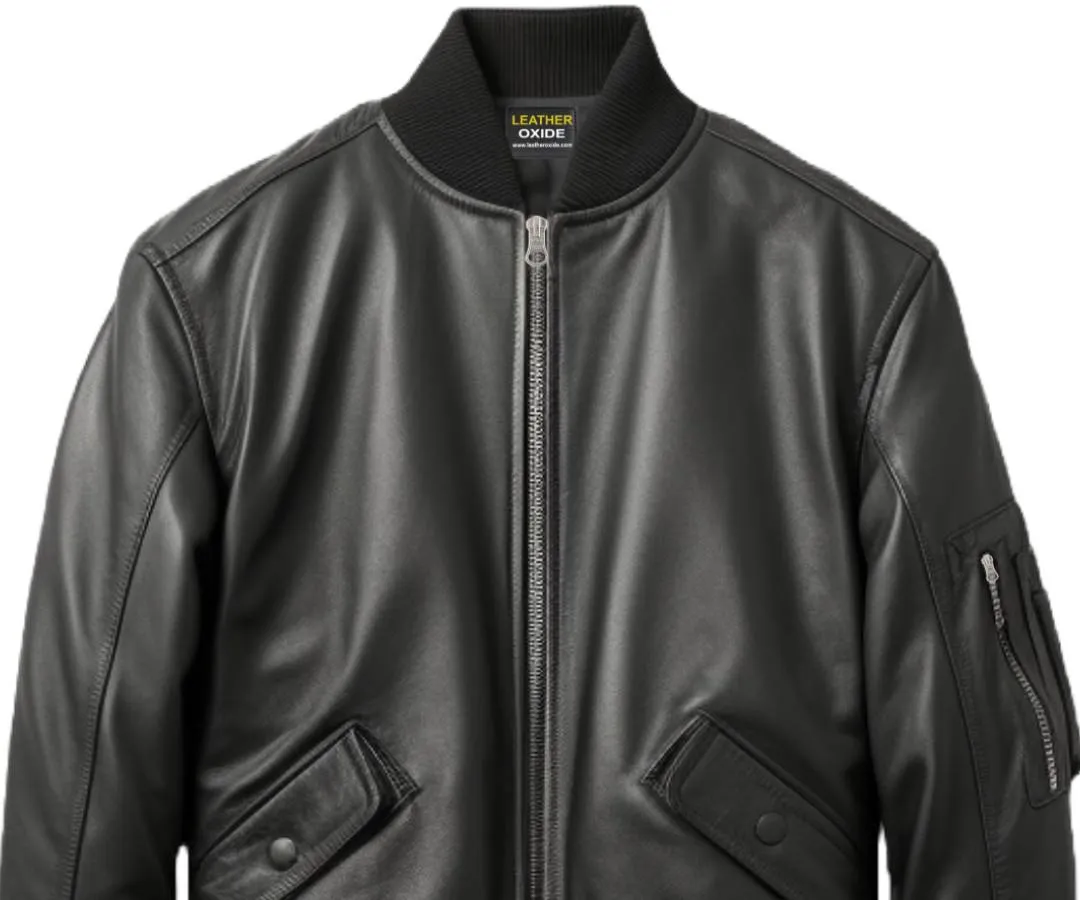 Black Bomber Leather Jacket Men - Black Leather Jacket