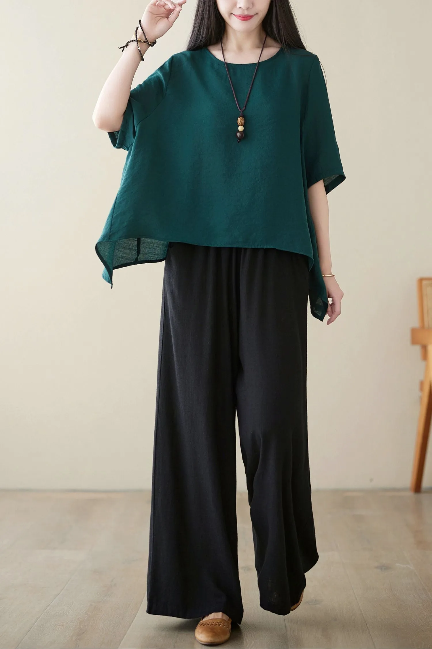 Black casual linen long pants C3962