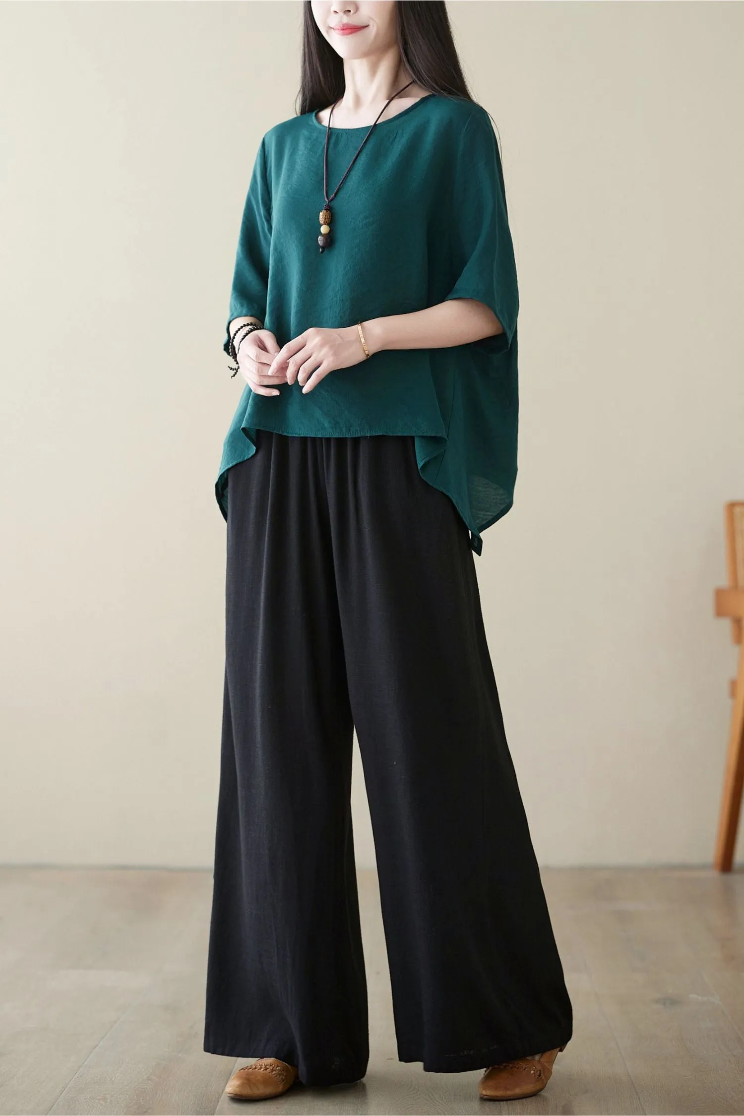 Black casual linen long pants C3962