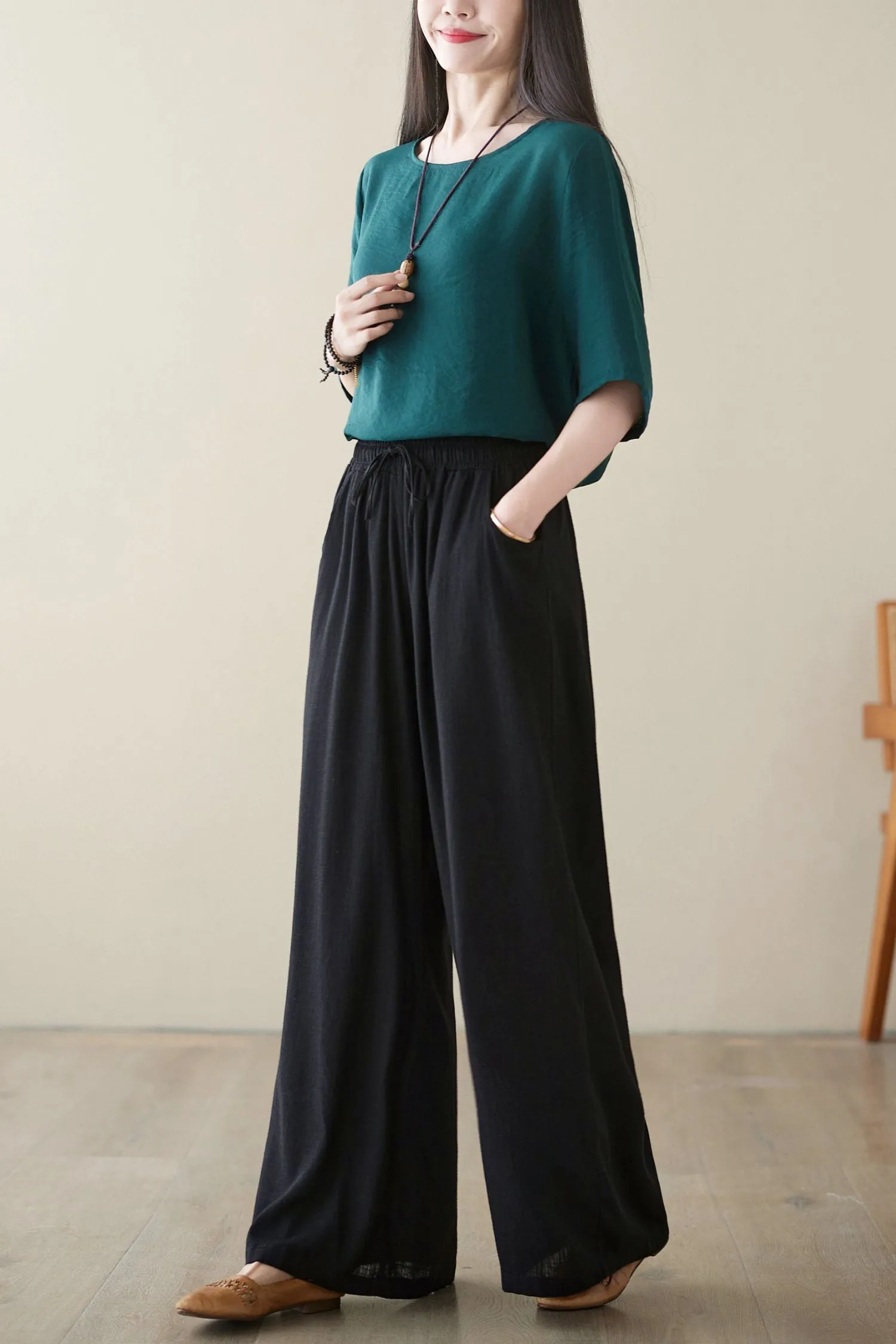 Black casual linen long pants C3962