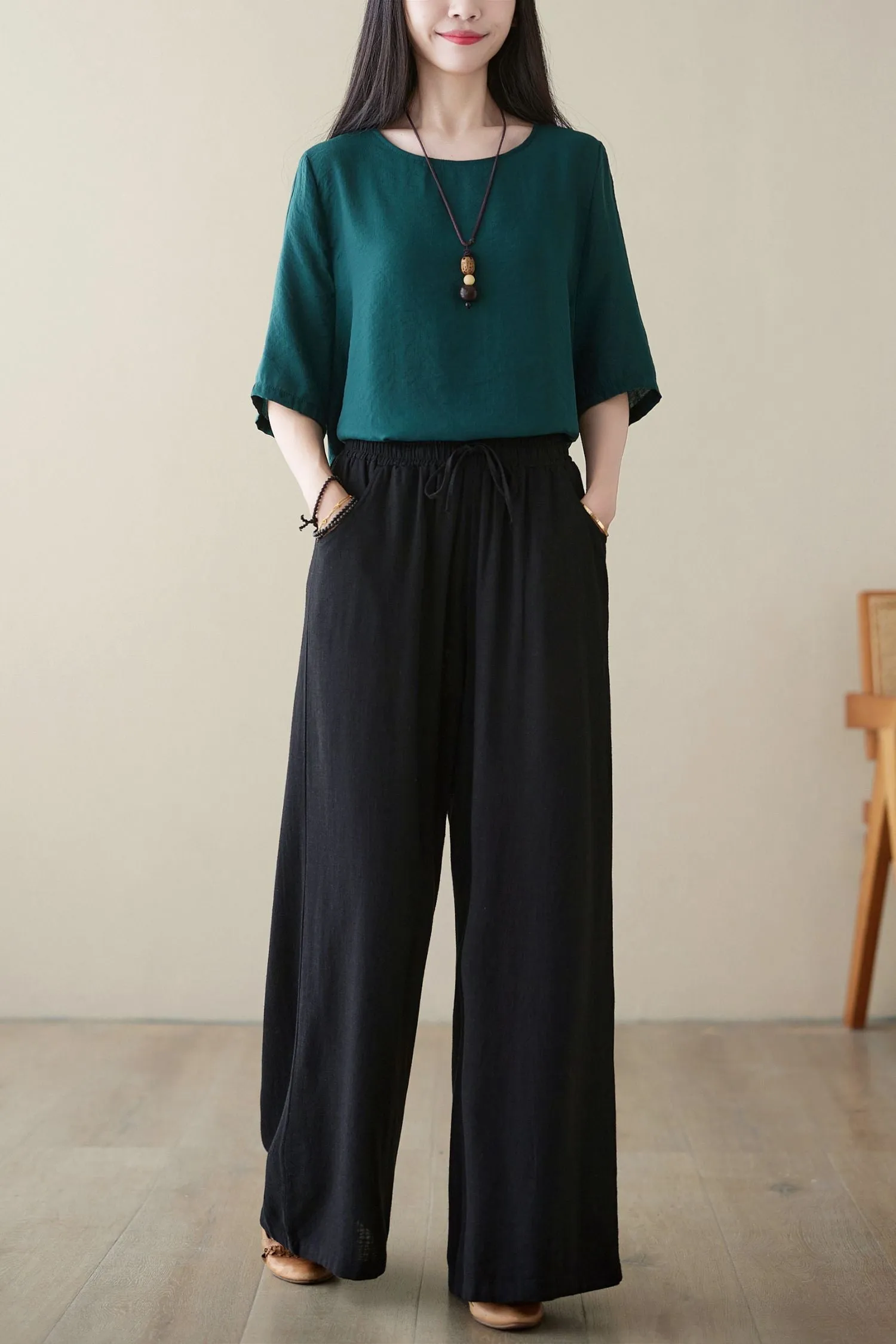 Black casual linen long pants C3962