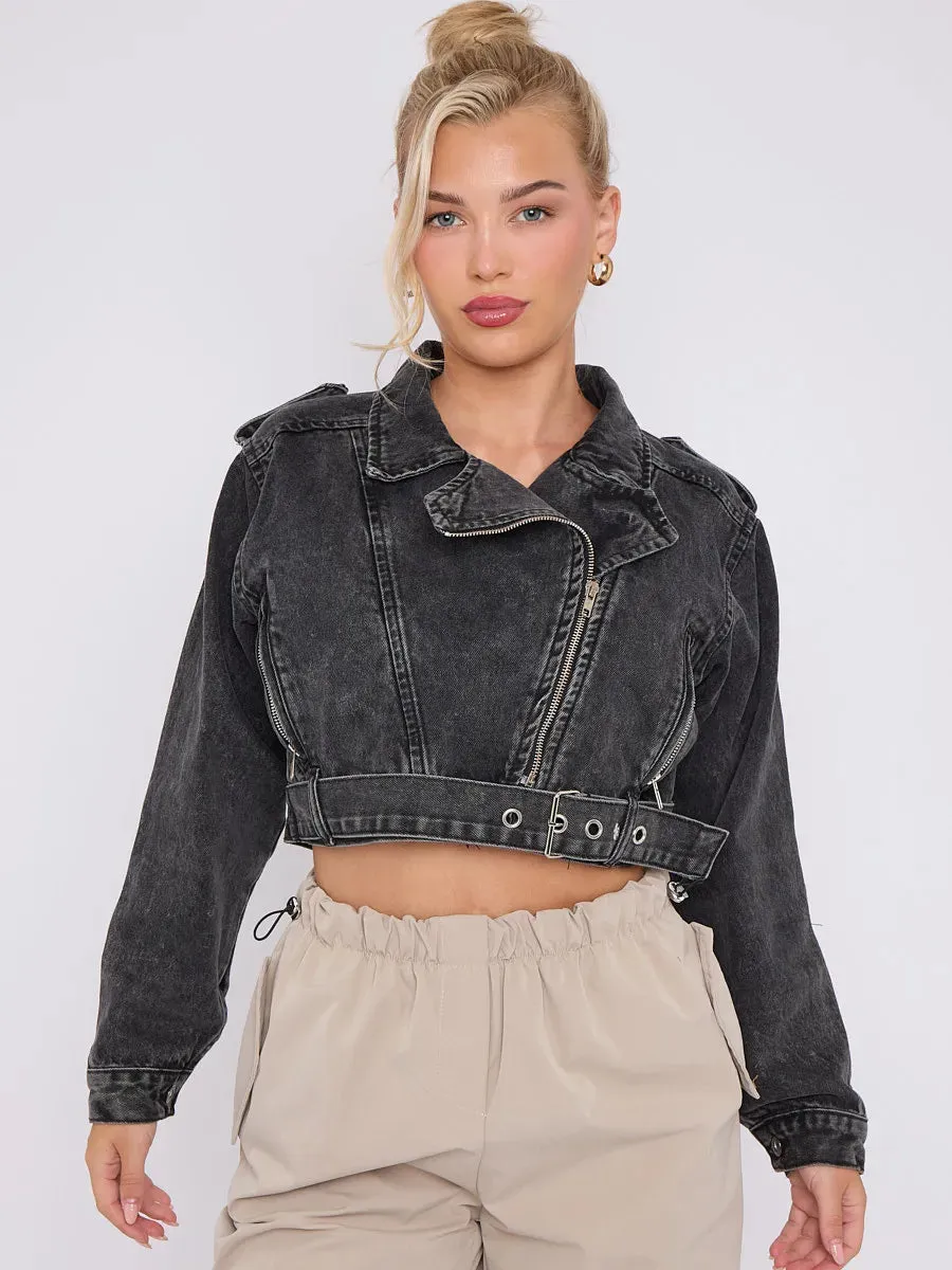 Black Cropped Zip Up Biker Denim Jacket