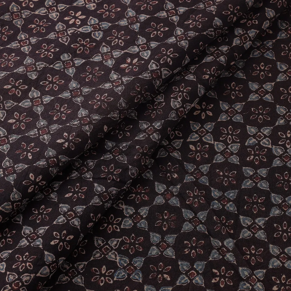 Black - Dark Brown with Floral Block Print Cotton Ajrakh Fabric