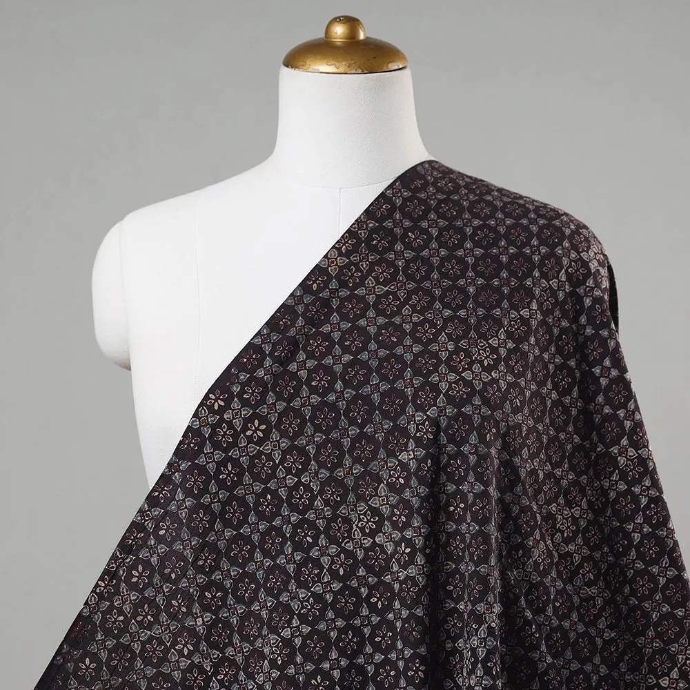 Black - Dark Brown with Floral Block Print Cotton Ajrakh Fabric