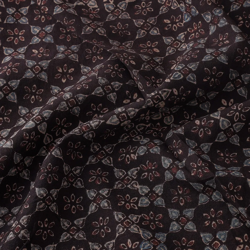 Black - Dark Brown with Floral Block Print Cotton Ajrakh Fabric