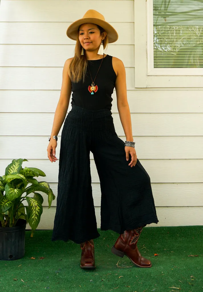 Black Double Gauze Wide Legs Palazzo Pants