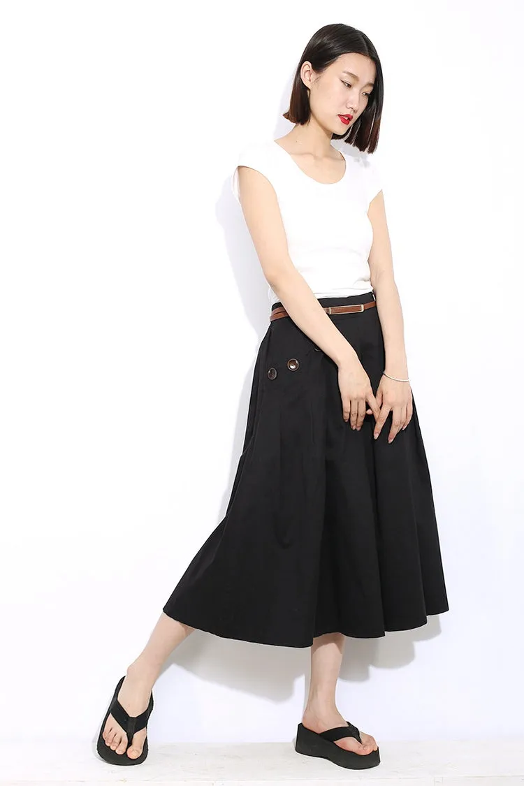 Black midi womens linen skirts with pockets C311