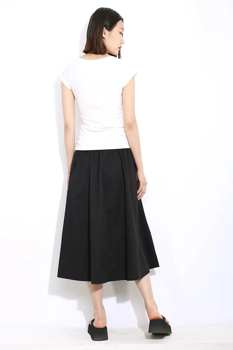 Black midi womens linen skirts with pockets C311