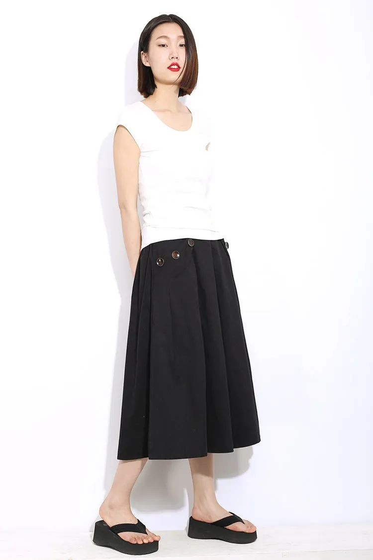 Black midi womens linen skirts with pockets C311