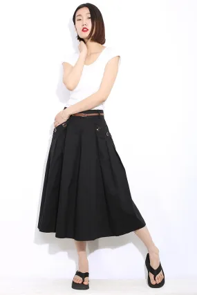 Black midi womens linen skirts with pockets C311