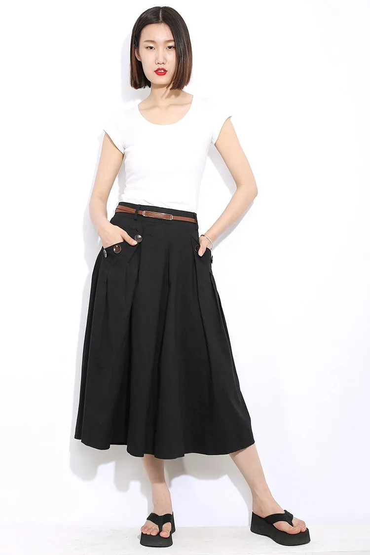 Black midi womens linen skirts with pockets C311