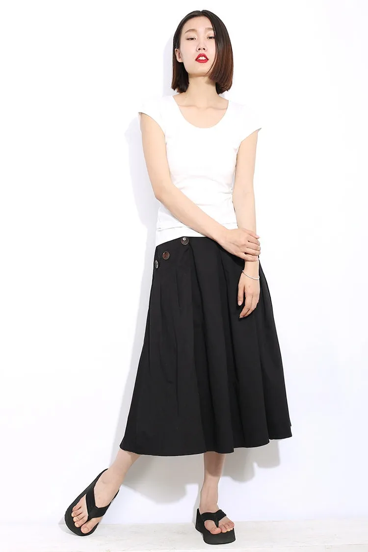 Black midi womens linen skirts with pockets C311