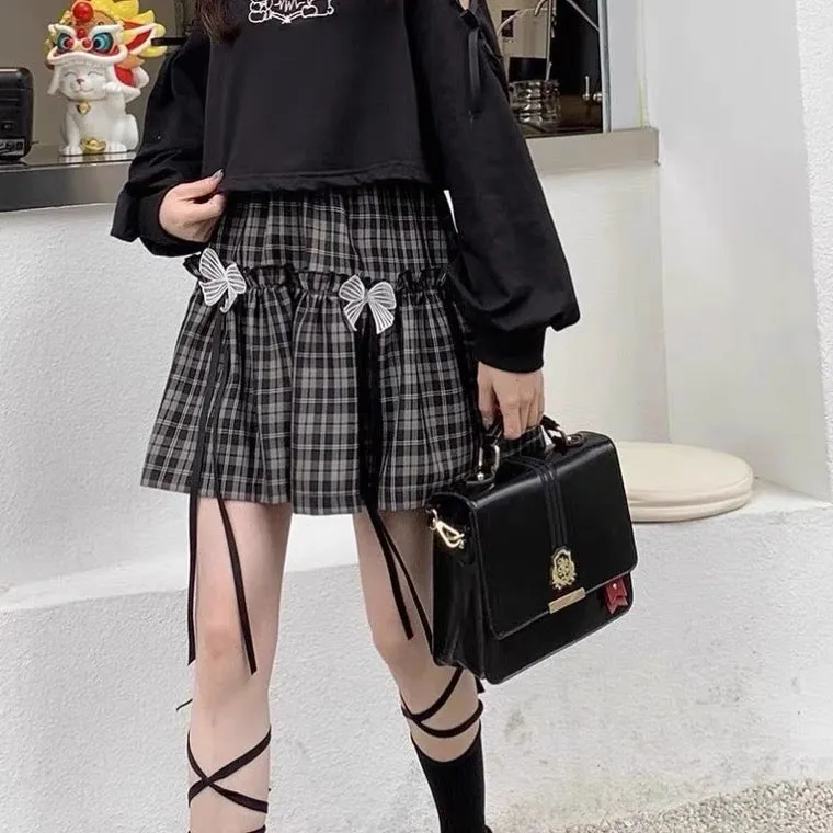 Black plaid skirt, students-loose cute cake lace skirt with bowknot  3608