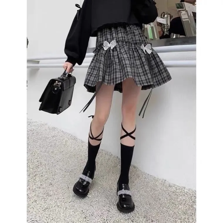 Black plaid skirt, students-loose cute cake lace skirt with bowknot  3608